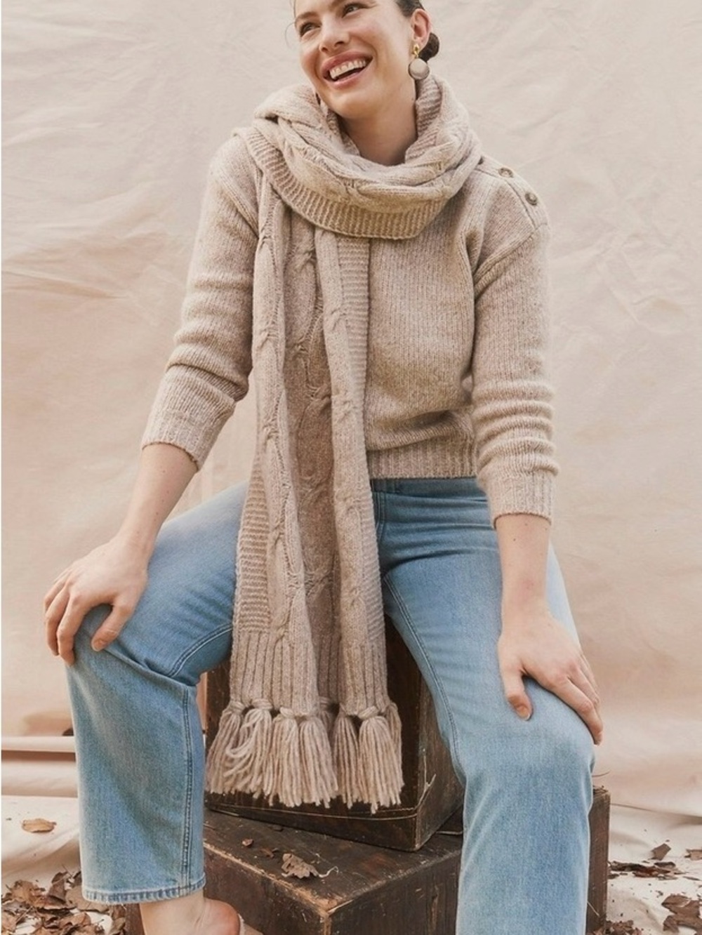 J. Crew Cable-knit fringe scarf Heather Oatmeal #419